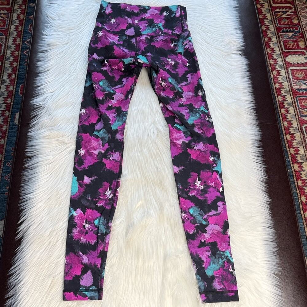 Lululemon Wunder Under High Rise Midnight Bloom Black Deep Fuchsia Tights - Picture 6 of 8